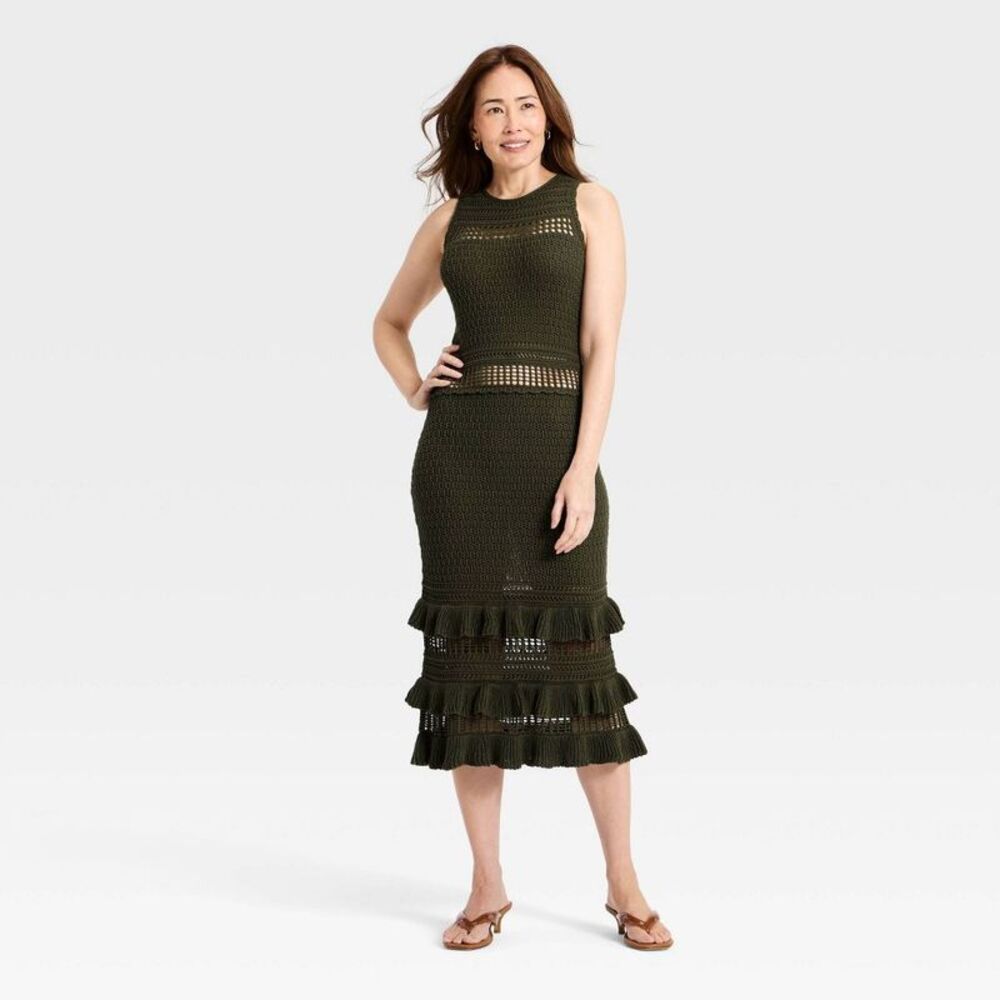 Women's Ruffle Sweater Midi Dress - A New Day Green XS
